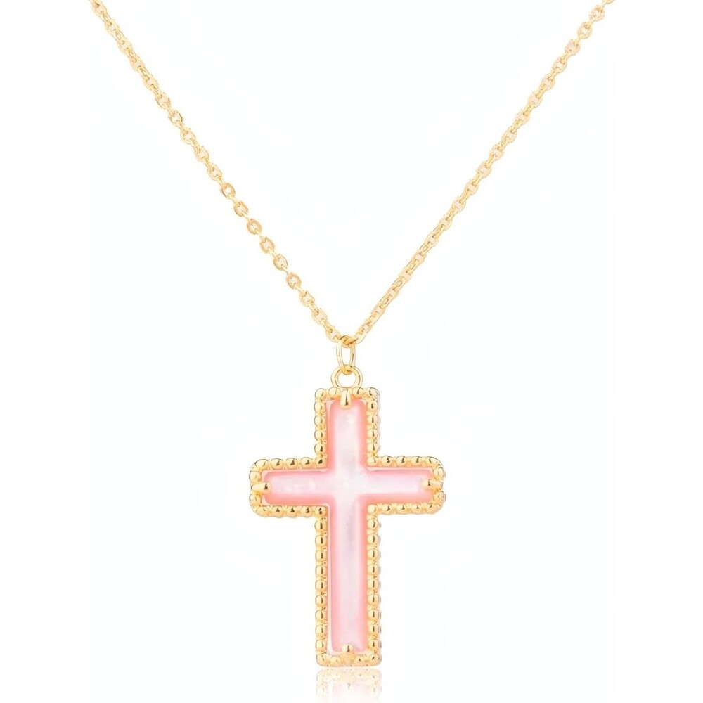 14K Gold Plated Pink Mother of Pearl Cross Pendant Necklace 16-18 Inch Women